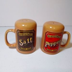 Set of brown Grandma's Brand Easy Pourin salt and pepper shakers with handles